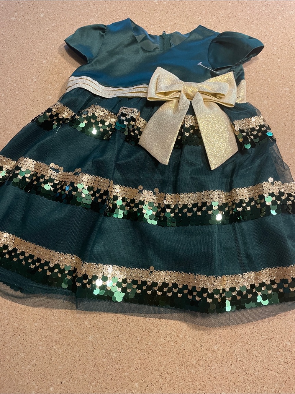 Emerald Green Sequin-Striped Party Dress with Gold Bow